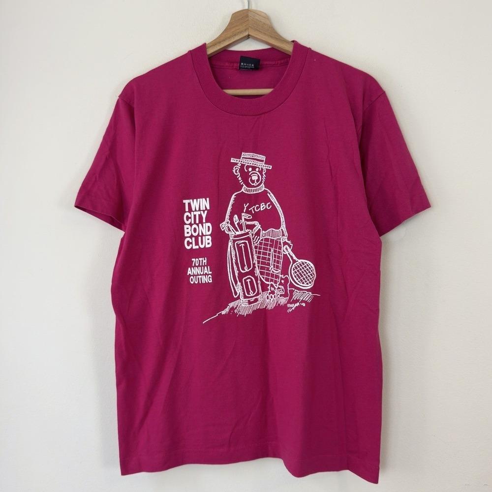 Vintage 90's Twin City Bond Club Bear Golf Art Single Stitch Red Tee Shirt Large